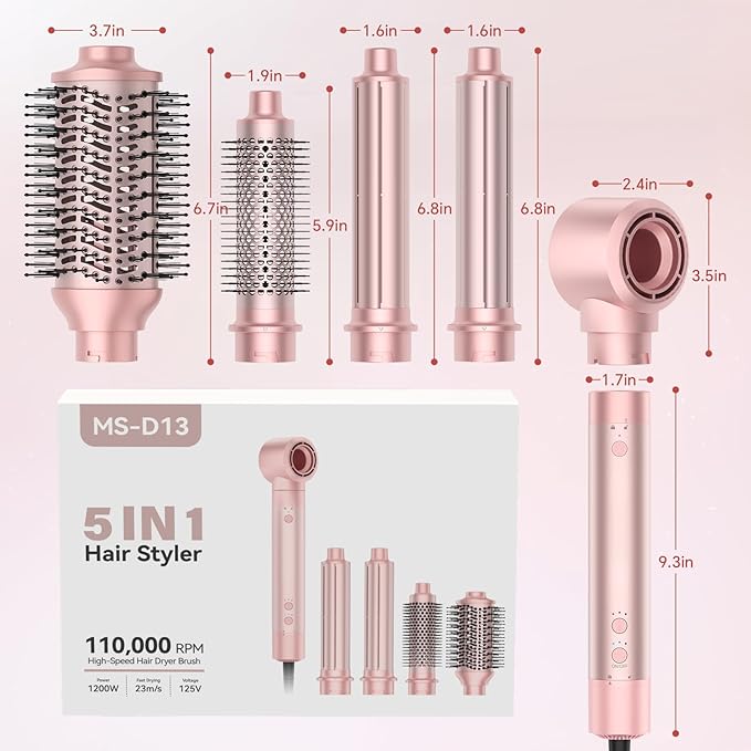 5 in 1 Hot Air Styler, Hair Dryer Brush with Auto Wrap Curler, 110,000 RPM High-Speed Blow Dryer Styler, Frizz-Free Styling for All Hair Types-Straight, Wavy & Curly, No Heat Damage, 1200W