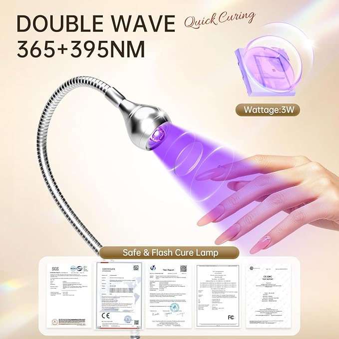 AORAEM U V Nail Lamp - Sliver 3W U V Light for Nails 35NM U V LED Nail Lamp with Gooseneck and Clamp for Gel Nails (AA-Silver)
