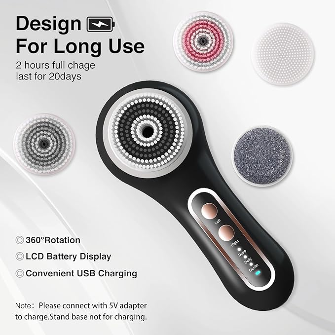 Face Scrubber Exfoliator, Rechargeable Facial Cleansing Brush with 2-Way Rotation & 3 Modes, 30-Day Runtime, 5 Brush Heads for SPA-Level Care, IPX7 Waterproof, Deep Cleaning for All Skin Types