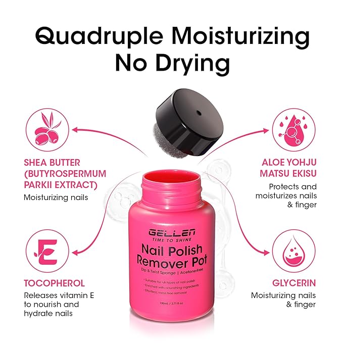 Gellen Nail Polish Remover, Dip Twist Sponge Nail Polish Remover Pot For Fingernail Toenail, Non-Acetone, Fragrance Free, 5-9s Quick Removal, Non-drying Formula Shea Butter & Vitamin E, Non-toxic