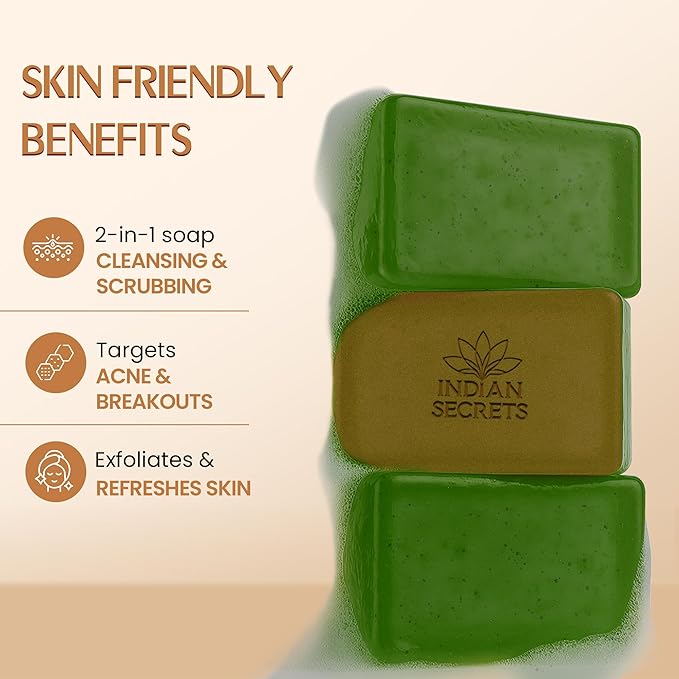 Scrub Soap with Salicylic Acid & Neem – Exfoliating Body & Face Soap – Enriched with Niacinamide, Tea Tree Extract, Neem, Salicylic Acid Pack of 3 (110g/3.88Oz each)