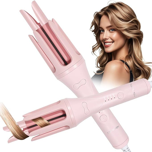 Automatic Curling Iron, 1.5 Inch Hair Curler with 4 Temp. Options, 10S Fast Heating, 2-Way Rotation, 30 Min Auto Shut-Off, Anti-Scald-Tangle for Long Hair, Dual Voltage for Travel (Pink)