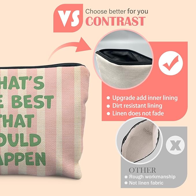 Inspirational Gifts Makeup Bag for Women, Motivational Gifts for Women Coworkers, Retro Green and Pink Cosmetic Bag for Purse, What's The Best That Could Happen Makeup Zipper Pouch