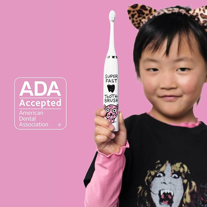 Made by Dentists Kids Electric Toothbrush - Rechargeable Vibrating Toothbrush with Timer, Includes 6 Replacement Heads, Gently Cleans Teeth, Girls and Boys, Kid & Toddlers Age 2+, Cheetah