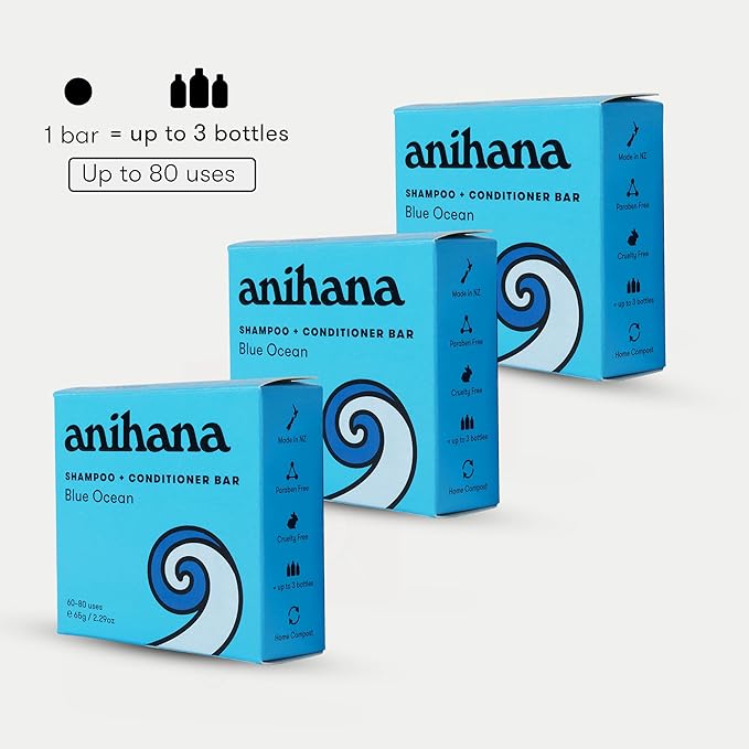 ANIHANA Shampoo and Conditioner Bar for Regular Normal Hair, Clean, Purifying, Natural, Healthy Look and Shine, Paraben Free, Blue Ocean, 2.29 oz