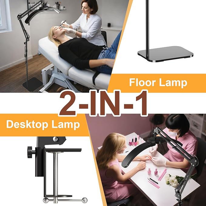New Upgrad 2-in-1 Lash Light for Eyelash Tech, Foldable LED Half Moon Floor Lamp, Esthetician Light for Tattoo Art, Nail, Craft,Extensions - Adjustable Brightness Color, Rotating Arm(Black)