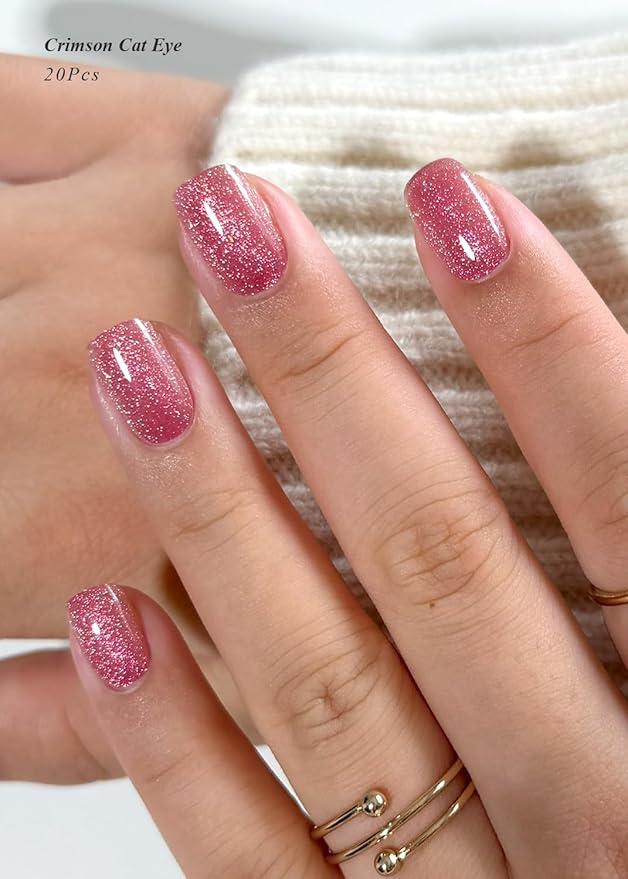 Semi Cured Gel Nail Strips (Crimson Cat Eye), Pink Red, 20 Pcs Gel Nail Wraps, Stickers, Salon Quality, Works With Any UV Lamps