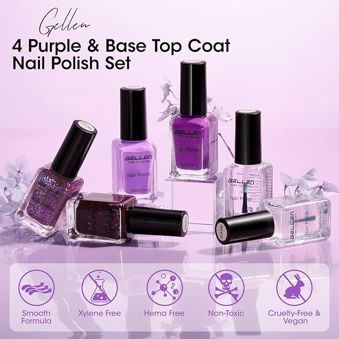 GELLEN Halloween Purple Nail Polish with Base Top Coat, 4-Color Fall Winter Regular Nail Polish Air Dry for Finger Toe Nails Home Salon Women Girls Gifts, Not UV Gel, Hema Free, Non Toxic, TPO Free