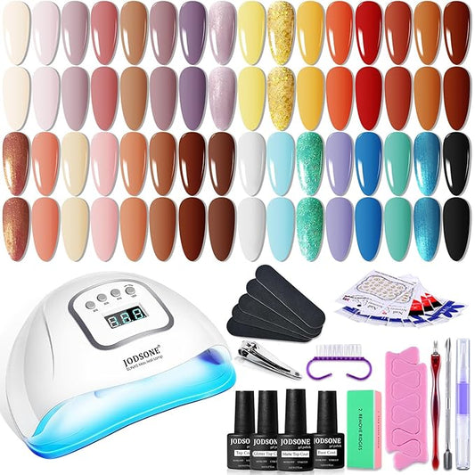 JODSONE 36 Pcs Gel Nail Polish Kit with U V Light of 32 Color Gel Polish Nail Collections Base and Top Glitter Coat Manicure Tools