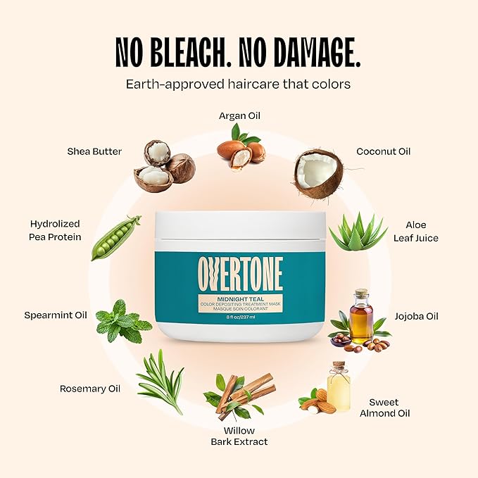 oVertone Semi Permanent Hair Color Conditioner, Midnight Teal, 8 oz, Nourishing, Damage-Free, Color Depositing Mask for All Hair Types with Shea Butter & Coconut Oil, Vegan & Cruelty-Free