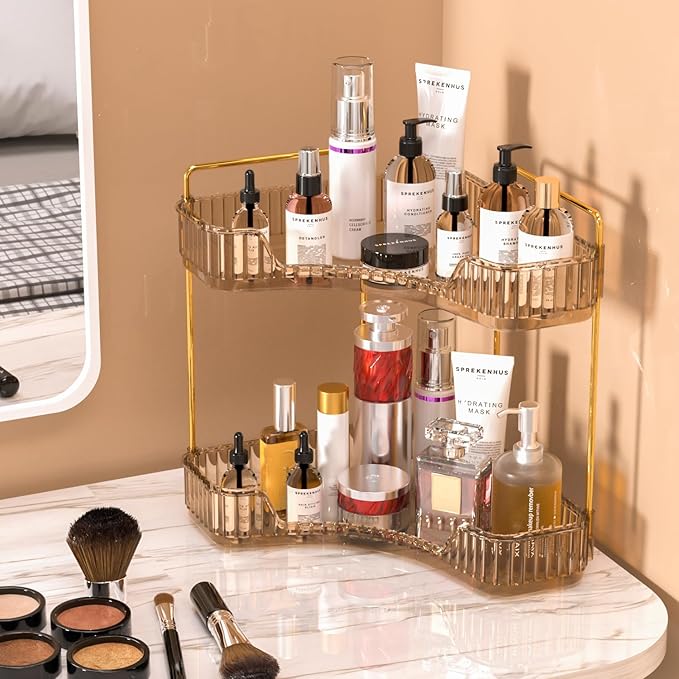 GTI 2 Tier Makeup Organizer, Large Capacity Bathroom Counter Organizer, Perfume Cosmetics Skincare Vanity Organizers, Dresser Countertop Organizer and Storage for Women (Amber)