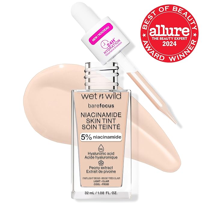 wet n wild Bare Focus Skin Tint, 5% Niacinamide Enriched, Buildable Sheer Lightweight Coverage, Natural Radiant Finish, Hyaluronic & Vitamin Hydration Boost, Cruelty-Free & Vegan-Fair Light Beige
