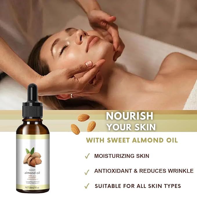 Sweet Almond Oil, Organic Sweet Almond Oil for Face, Skin, Body, Hair, Massage, Nails, Moisturizing and Softening Skin, Anti-Aging, Reduce Fine Lines, 100% Cold Pressed Sweet Almond Oil