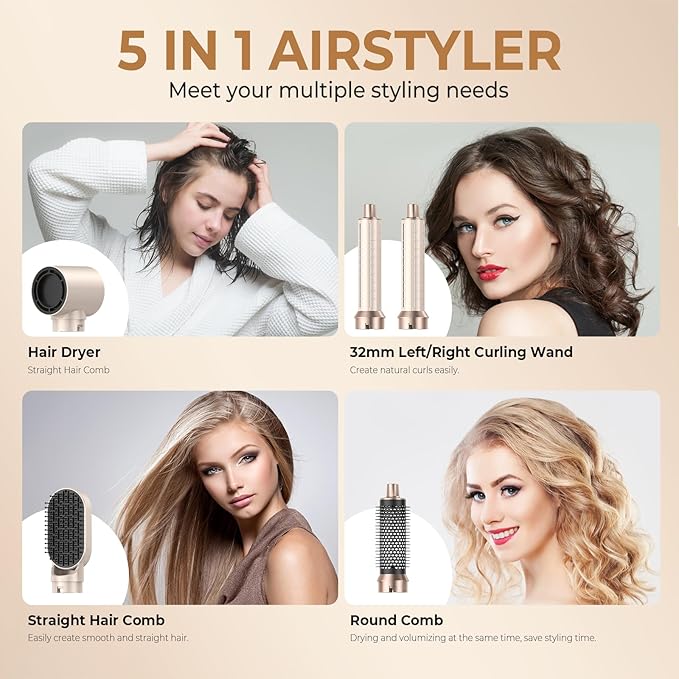 5 in 1 Hair Dryer Brush, Negative Ion Air Styler Wrap Hair Styler Upgrade Blow Dryer Brush Air Curler for Hair, Blowout Brush Set As A Gift for Straight/Curl/Drying/Smoothing
