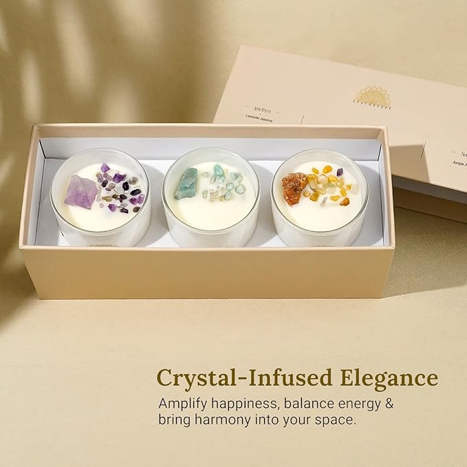 Healing Crystal Candles Gift Set for Women, 3 Pack Aromatherapy Soy Candles with Real Amethyst Amazonite Sunstone, Lavender Jasmine Coastal Breeze Scented Candles, Meditation Chakra Energy - 3.5oz