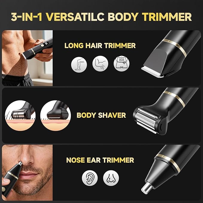 Beard Trimmer for Men, IPX7 Waterproof Body Hair Trimmer Electric Razor Shaver Body Grooming Kit Wet/Dry Use for Groin, Nose, Ear Hairs, Beard, Legs, Chest