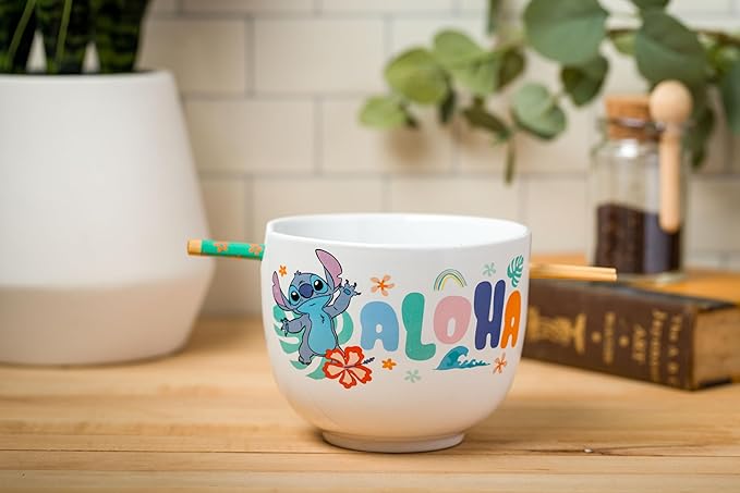 Silver Buffalo Disney Lilo and Stitch Aloha Tropical Ceramic Ramen Noodle Rice Bowl with Chopsticks, Microwave Safe, 20 Ounces