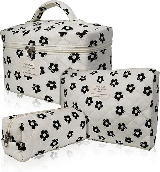 3pc Makeup Bag Set, Quilted Makeup Bag Set, Large Floral Cosmetic Bag for Women, Cute Cotton Makeup Bags, Flower Travel Toiletry Organizer Bag (Black Flowers)