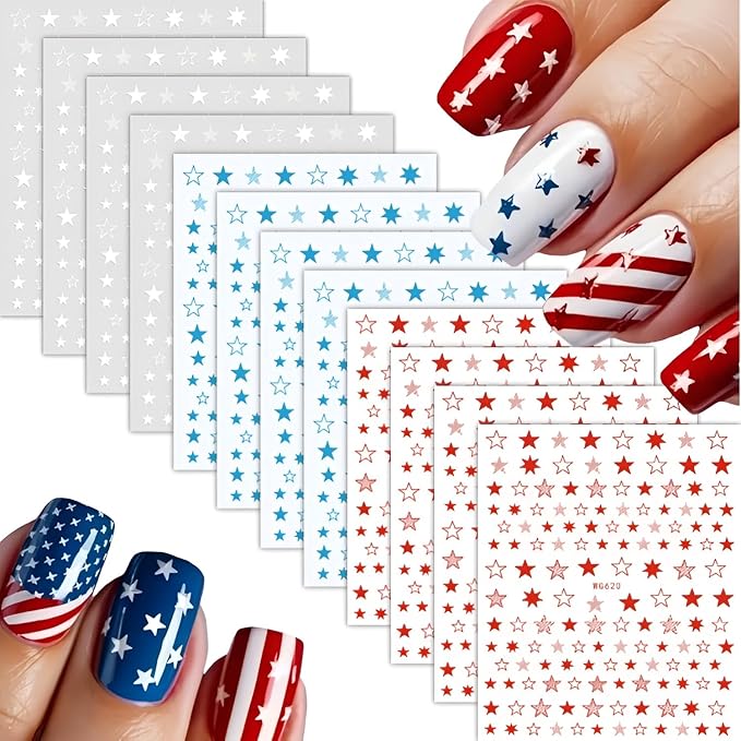 12 Sheets White Blue Red Star Nail Art Stickers 3D Self Adhesive 4th of July Nail Stickers for Nail Art Independence Day Nail Decals Star Nail Supplies Design for DIY Acrylic Nails for Women Girls