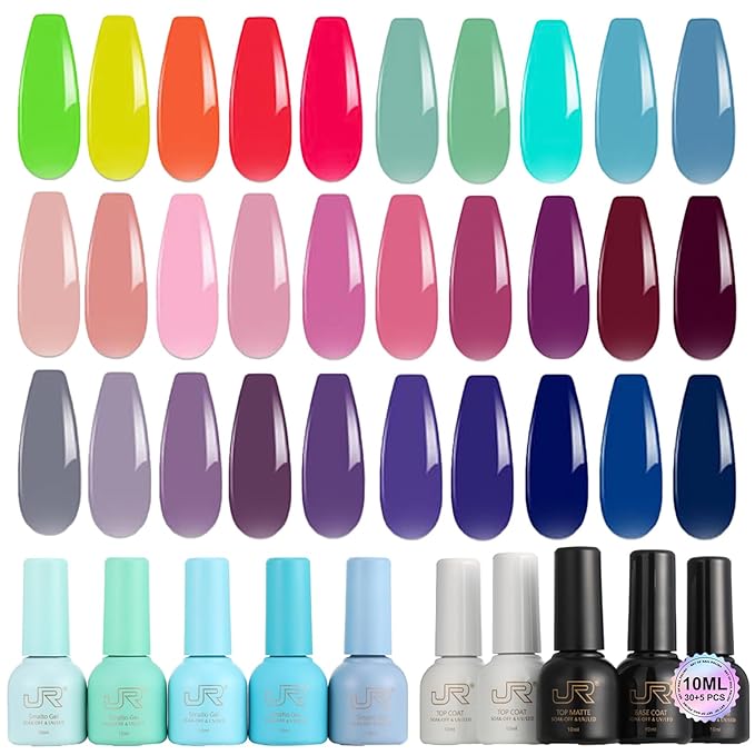 JR 35pcs 10ml Gel Nail Polish Same Color Same Bottle Deep Colors Blue Green Yellow Red Pink Gel Polish Set Base Top Matte Coat for Professional Nail Salon Art Manicure Gifts for Women B Set