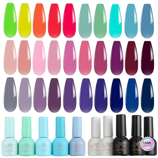 JR 35pcs 10ml Gel Nail Polish Same Color Same Bottle Deep Colors Blue Green Yellow Red Pink Gel Polish Set Base Top Matte Coat for Professional Nail Salon Art Manicure Gifts for Women B Set
