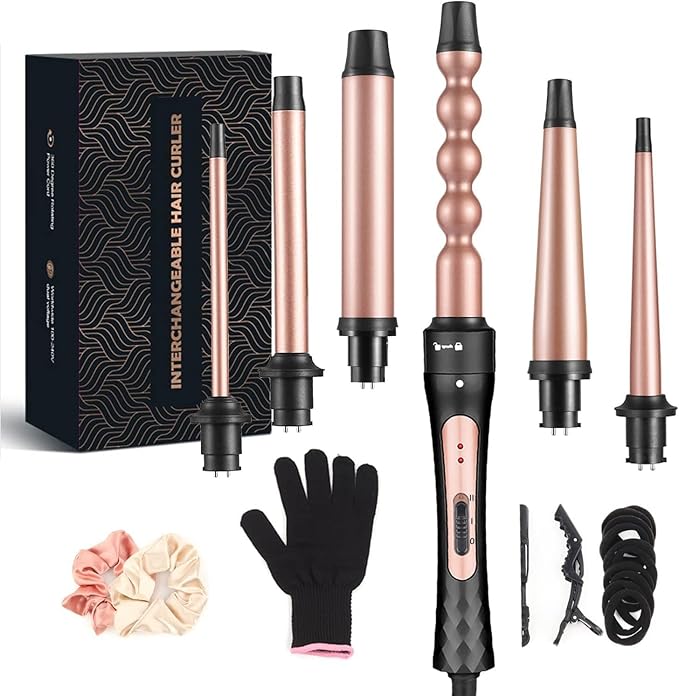 6 in 1 Curling Iron, Professional Curling Wand Set, Fast Heating Hair Curler with 6 Interchangeable Ceramic Barrels (0.35'' to 1.25'') for Women Quick Create Hairstyle in All Hair Type