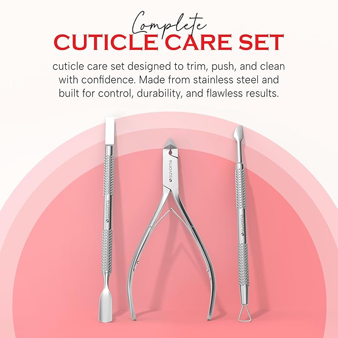 Suvorna Cuticle Nippers with Cuticle Pusher, Nail Scraper and Gel Remover – Professional Stainless Steel Cuticle Trimmer Set for Manicure - Cuticle Set for Fingernails and Dead Skin (Silver, 3 PCS)