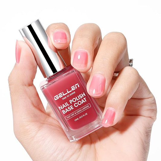 GELLEN 4‑in‑1 Clear Nail Polish Base Coat Sheer Tinted Red, Ridge Filler, Nail Strengthener & Concealer, Calcium Formula Strengthen Nails, Natural Color Enhance Natural Look, HEMA Free, Anti Yellow