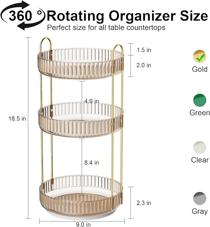 GTI 360°Rotating Makeup Organizer, 3 Tier Large Capacity Perfume Cosmetics Skincare Vanity Organizers,Bathroom Counter Organizer, Dresser Spinning Countertop Organizer and Storage for Women (Gold)