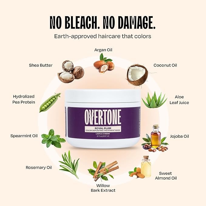 Overtone Semi Permanent Hair Color Conditioner, Royal Plum, 8 oz, Nourishing, Damage-Free, Color Depositing Mask for All Hair Types with Shea Butter & Coconut Oil, Vegan & Cruelty-Free