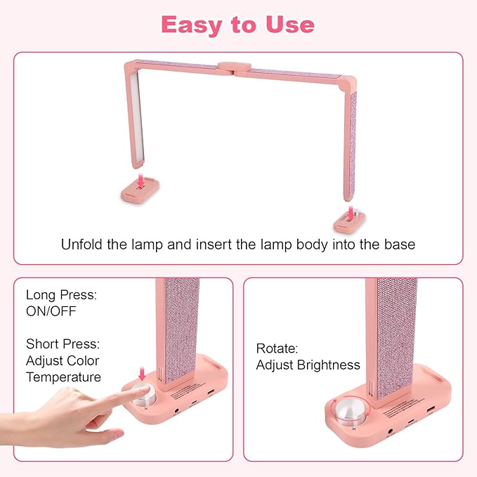 34in Half Moon Light for Nail Desk, Foldable LED Lamp for Nail Art, Tattooing, Craft Making, Stepless Dimming, 3000-6000K Color Temperature Adjustment, 456 Light Beads, Pink with Diamond