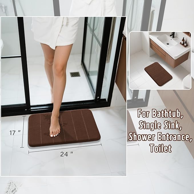 Yimobra Brown Bath Mat, Super Soft Absorbent Memory Foam Bathroom Rug Non Slip, Quick Dry, Machine Washable Floor Carpet for Tub Shower, Home Decor Accessories, 24x17