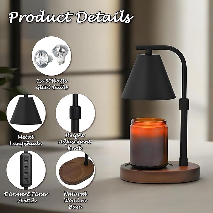 SOKCVSEA Candle Warmer Lamp Timer Height Adjustable, Birthday Gifts for Women Mom Gifts, House Warming Gifts New Home Decor, Wax Melt with 2 Bulbs Blacks