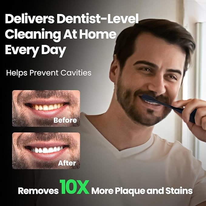 Electric Toothbrush, Marlincare Electric Toothbrush for Adults 180 Days Battery Life Rechargeable with 5 Modes, 48000VPM Motor Smart Timer IPX8, Sonic Toothbrush with 4 Brush Heads &Travel Case, Black