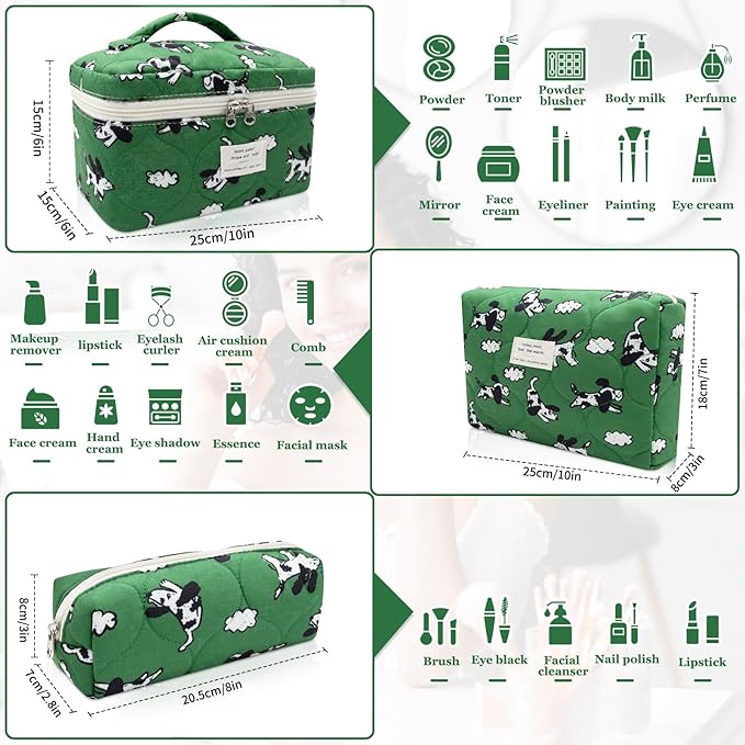 3pc Makeup Bag Set, Quilted Makeup Bag Set, Large Floral Cosmetic Bag for Women, Cute Cotton Makeup Bags, Flower Travel Toiletry Organizer Bag(Green Dog Print)