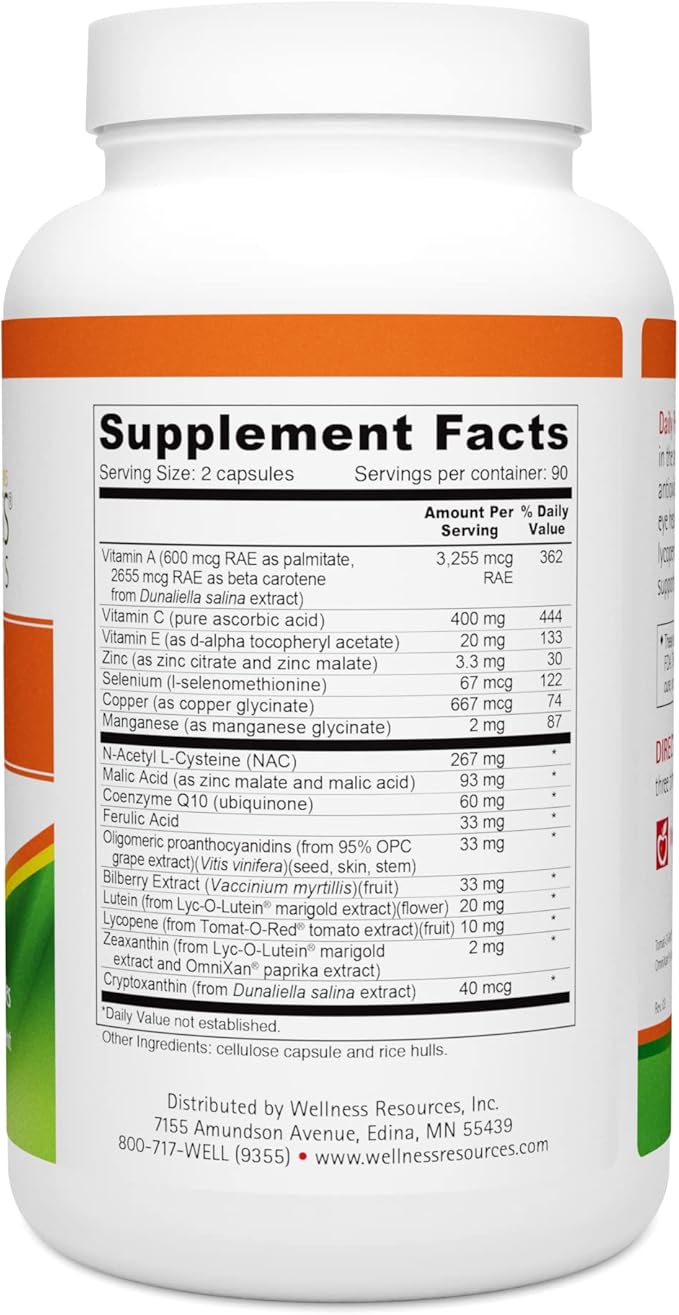 Wellness Resources Daily Protector Eye & Immune - Lutein, Lycopene, Zeaxanthin, Cryptoxanthin, Bilberry and More for Eye, Immune, and Skin Health (180 Capsules)