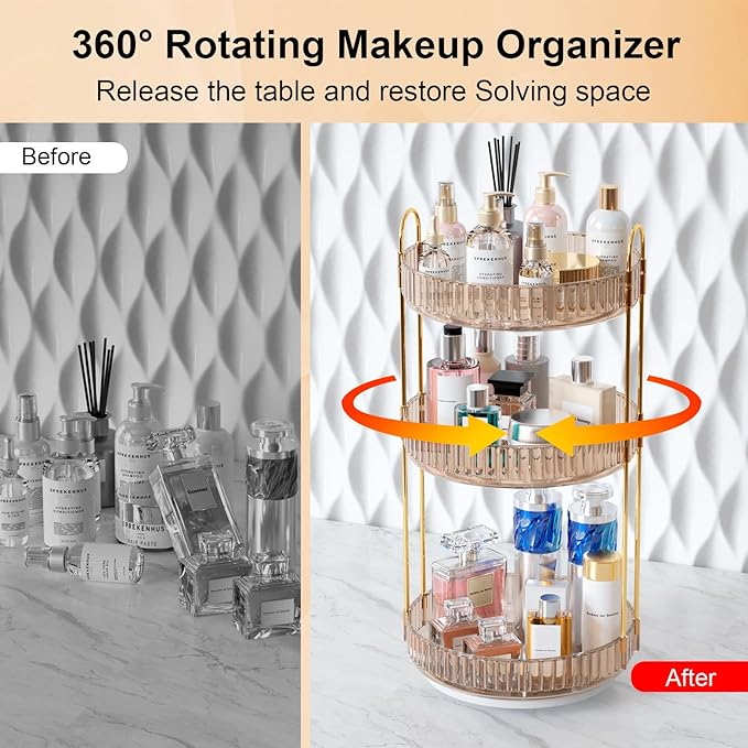 GTI 360°Rotating Makeup Organizer, 3 Tier Large Capacity Perfume Cosmetics Skincare Vanity Organizers,Bathroom Counter Organizer, Dresser Spinning Countertop Organizer and Storage for Women (Gold)