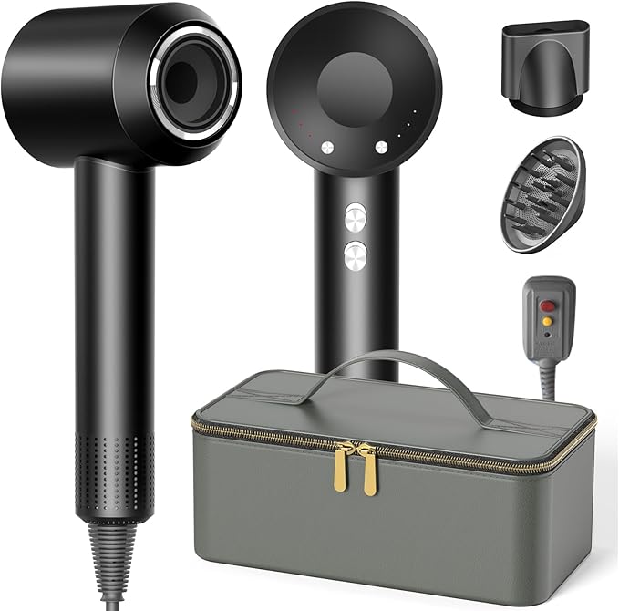 Hair Dryer with Carry Case, 160000 RPM Professional High-Speed Ionic Blow Dryer 200 Millions Negative Ionic&3 Speeds&3 Temps& Low Noise, Hairdryer with diffuser for Faster Drying, No Heat Damage,Black