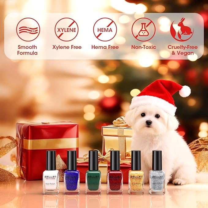 GELLEN Christmas Nail Polish, Winter Air Dry Regular Nail Lacquer Polish Red Green Blue White Gold Silver Glitter 6-Color Set, For Fingernail Toe Nails Home Salon, Not UV Gel, Hema Free, Non-toxic