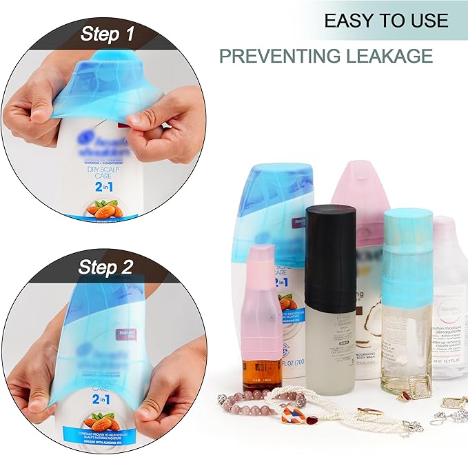 Travel Hanging Toiletry Bag for Women and Men, with 8 Leak Proofing Silicone Bottle Covers, Waterproof Makeup Accessories, Cosmetic Essentials, Toiletries Dopp Kit Set with Jewelry Organizer, Blue