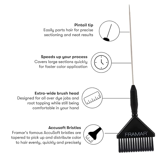 Framar Pin Tail Hair Color Brush Set - Hair Dye Brush Kit, Hair Coloring Brushes for Hair Stylist, Tint Brushes for Hair Color, Easy for Sectioning and Parting Hair - 2 Pack Black