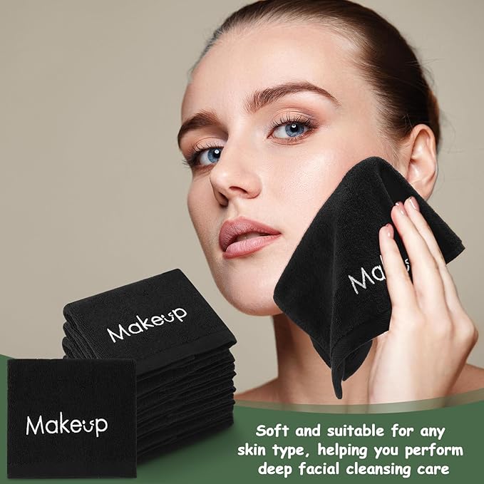Shimeyao 13x13 Inch Black Makeup Towels Reusable Makeup Washcloths for Face Facial Remover Washcloths Absorbent Cotton Towel for Women Skin Care (6 Pcs,Smile Pattern)