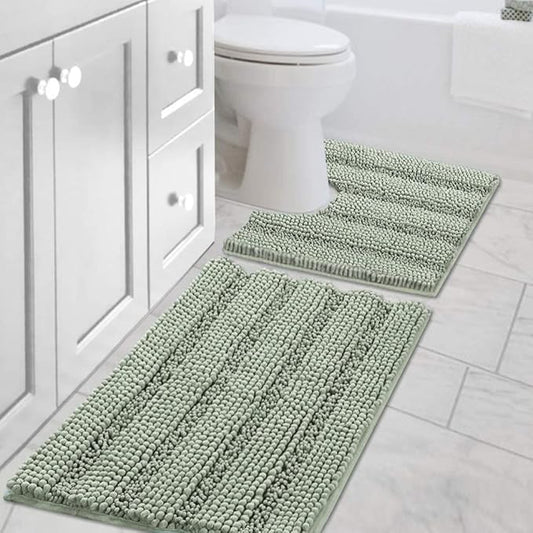 H.VERSAILTEX Bathroom Rugs Bath Rug Set 2 Piece Bathroom Contour Rug Toilet Mat Sets Non Slip Contour Bath Rug Ultra Thick Water Absorbent Striped Bath Mats Washable(20" x 32" Plus 20" x 20" U, Sage)