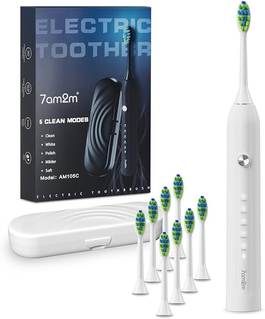 7AM2M Sonic Electric Toothbrush for Adults and Kids, with 8 Brush Heads and Travel Case,5 Modes with 2 Minutes Built in Smart Timer, One Charge Use for 90 Days, Rechargeable Toothbrushes(White)