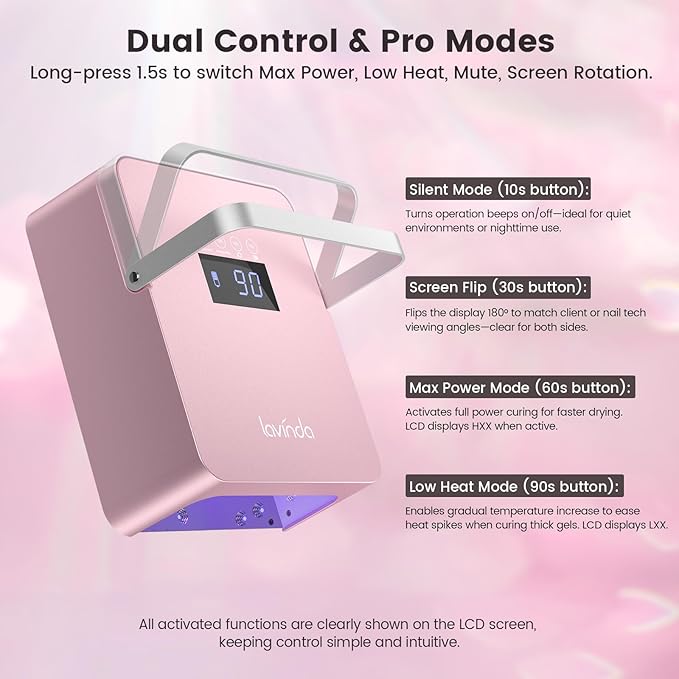Lavinda 60W Large UV LED Nail Lamp with Portable Handle, Rechargeable 5200mAh Nail Dryer with Dual Controls, Max/Low Heat, 3-Prong Safety Adapter & LCD for Salon & Home.