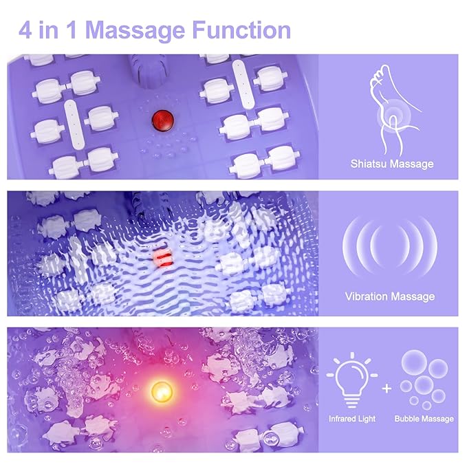 Foot Spa Bath Massager with Heat Bubbles and Vibration Massage and Jets, 16 OZ Tea Tree Oil Foot Soak Epsom Salt, Foot Soaker with Red Light, 22 Massage Rollers, Adjustable Temp -Purple