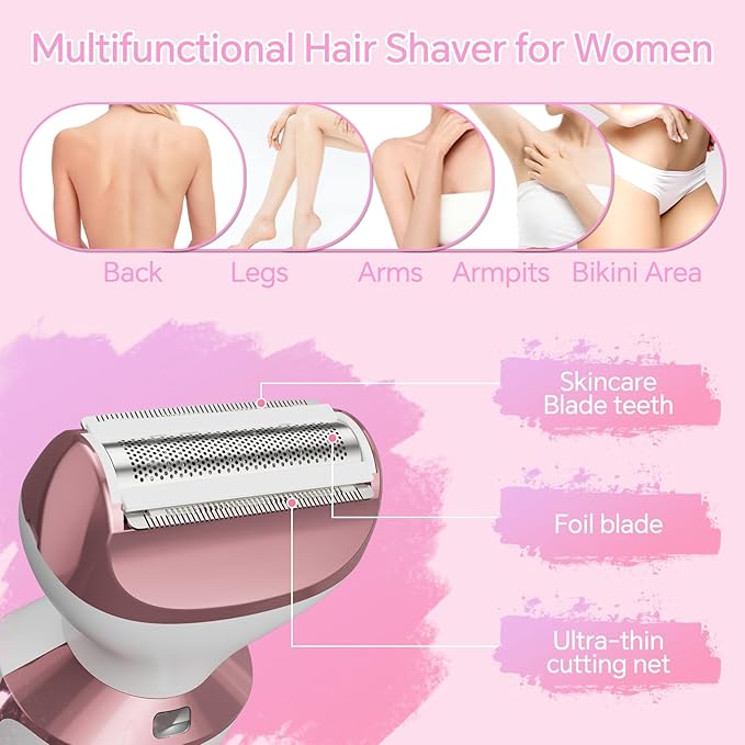 Electric Razor for Women, 4-in-1 Bikini Trimmer & Body Shaver for Face, Legs, Underarms, Pubic Hair, Rechargeable Wet/Dry Painless Hair Removal with LED Light & Travel Lock