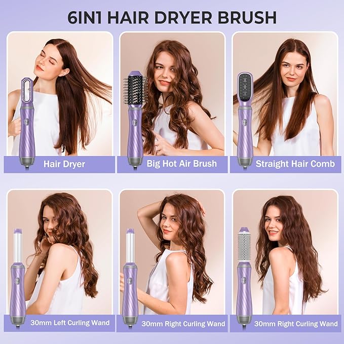 6 in 1 Hair Dryer Brush, Upgrade Detachable Blow Dryer Brush Air Styler Wrap Air Curler, Curly Twist Hot Curling Iron, Negative Ion Blow Dryer Hot Styler, Travel Hair Styling Tool