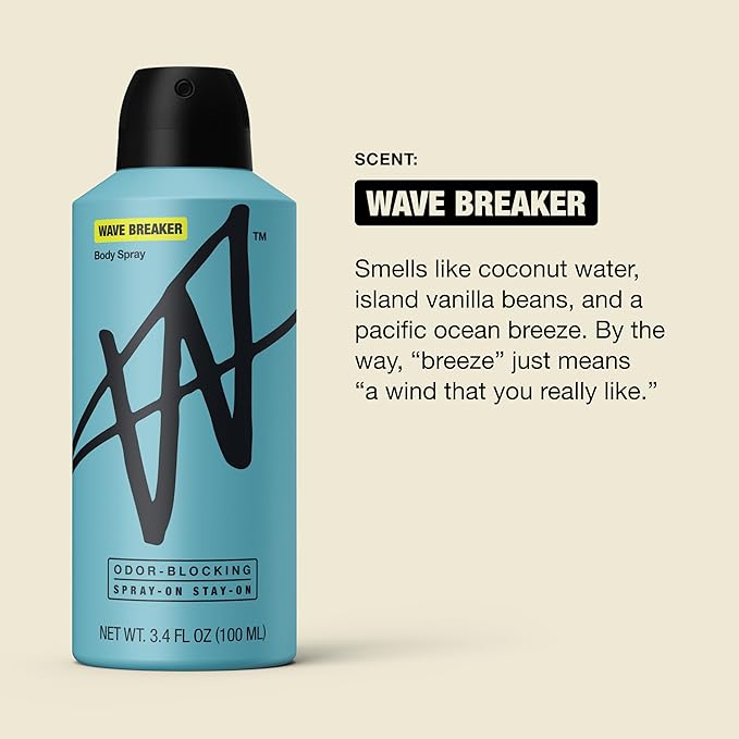 W Jake Paul Wave Breaker Body Spray for Men, Odor Blocking Body Deodorant, Long Lasting Protection, 3.4 fl oz