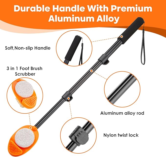 Foot Scrubber with Pumice Stone, 3 in 1 Adjustable Aluminum Tube 15”-28” Shower feet Dead Skin Remover, Foot Cleaning Brush for Seniors,Elderly, Disabled Men and Women